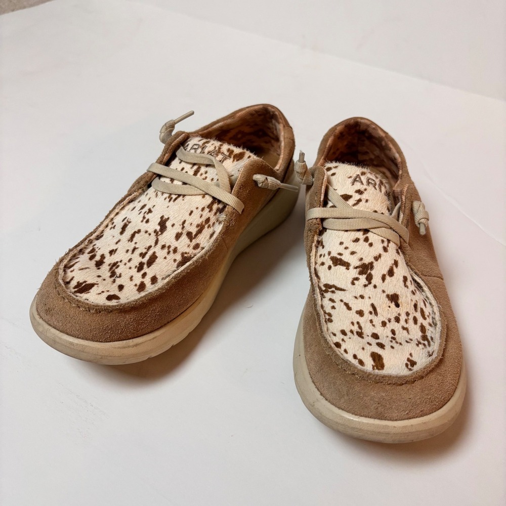 Ariat Hilo Womens 6.5B Tan Suede Cow Print Hair On Hide Loafers Cowgirl Western